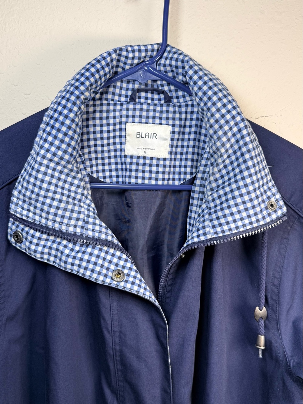 Blair Navy Blue Hooded Utility Rain Jacket Gingham Trim Coat - Picture 3 of 11